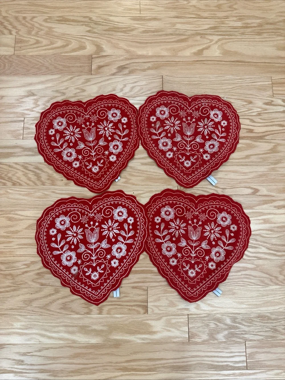 Red Heart-Shaped Embroidered Felt Coasters (Set of 4)